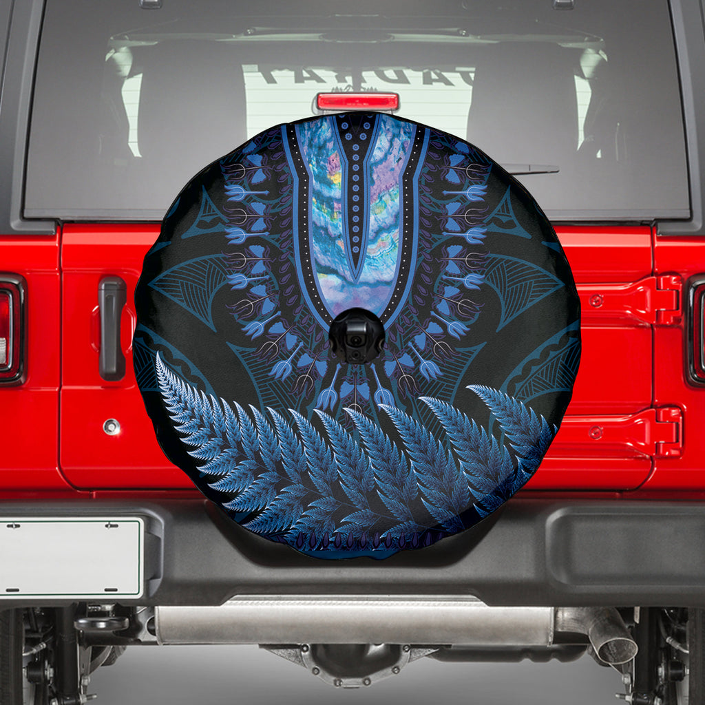 Blue African Dashiki With Aotearoa Maori Spare Tire Cover Paua Shell Mix Silver Fern