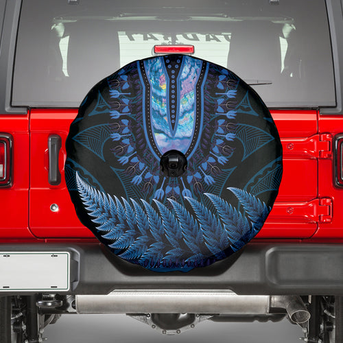 Blue African Dashiki With Aotearoa Maori Spare Tire Cover Paua Shell Mix Silver Fern