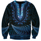 Blue African Dashiki With Aotearoa Maori Sweatshirt Paua Shell Mix Silver Fern