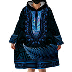 Blue African Dashiki With Aotearoa Maori Wearable Blanket Hoodie Paua Shell Mix Silver Fern