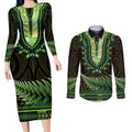 Lime Green African Dashiki With Aotearoa Maori Couples Matching Long Sleeve Bodycon Dress and Long Sleeve Button Shirt Paua Shell Mix Silver Fern
