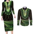 Lime Green African Dashiki With Aotearoa Maori Couples Matching Long Sleeve Bodycon Dress and Long Sleeve Button Shirt Paua Shell Mix Silver Fern