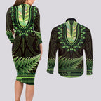 Lime Green African Dashiki With Aotearoa Maori Couples Matching Long Sleeve Bodycon Dress and Long Sleeve Button Shirt Paua Shell Mix Silver Fern