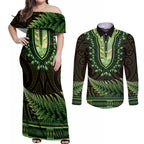 Lime Green African Dashiki With Aotearoa Maori Couples Matching Off Shoulder Maxi Dress and Long Sleeve Button Shirt Paua Shell Mix Silver Fern