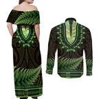 Lime Green African Dashiki With Aotearoa Maori Couples Matching Off Shoulder Maxi Dress and Long Sleeve Button Shirt Paua Shell Mix Silver Fern
