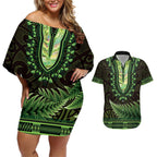 Lime Green African Dashiki With Aotearoa Maori Couples Matching Off Shoulder Short Dress and Hawaiian Shirt Paua Shell Mix Silver Fern