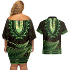 Lime Green African Dashiki With Aotearoa Maori Couples Matching Off Shoulder Short Dress and Hawaiian Shirt Paua Shell Mix Silver Fern