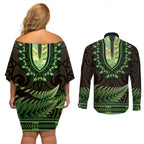 Lime Green African Dashiki With Aotearoa Maori Couples Matching Off Shoulder Short Dress and Long Sleeve Button Shirt Paua Shell Mix Silver Fern