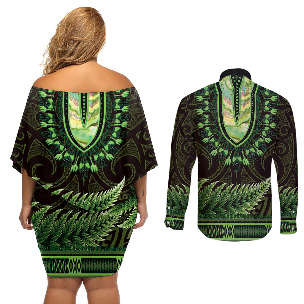 Lime Green African Dashiki With Aotearoa Maori Couples Matching Off Shoulder Short Dress and Long Sleeve Button Shirt Paua Shell Mix Silver Fern