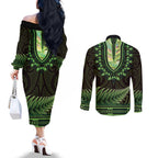 Lime Green African Dashiki With Aotearoa Maori Couples Matching Off The Shoulder Long Sleeve Dress and Long Sleeve Button Shirt Paua Shell Mix Silver Fern