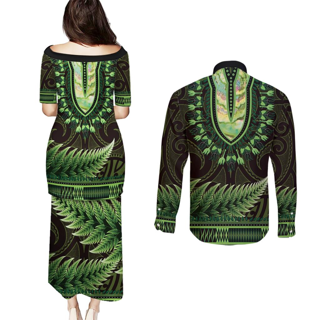Lime Green African Dashiki With Aotearoa Maori Couples Matching Puletasi and Long Sleeve Button Shirt Paua Shell Mix Silver Fern