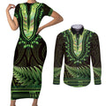 Lime Green African Dashiki With Aotearoa Maori Couples Matching Short Sleeve Bodycon Dress and Long Sleeve Button Shirt Paua Shell Mix Silver Fern