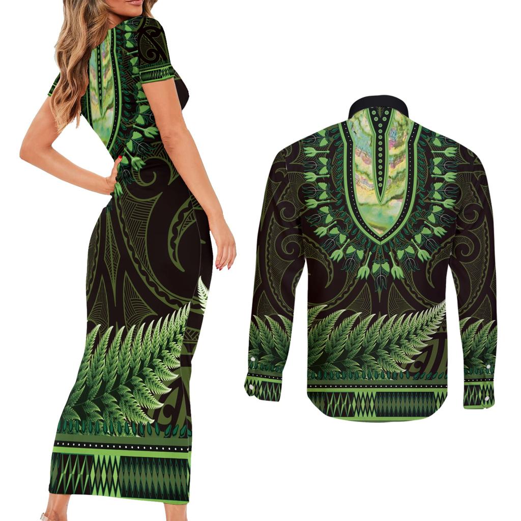 Lime Green African Dashiki With Aotearoa Maori Couples Matching Short Sleeve Bodycon Dress and Long Sleeve Button Shirt Paua Shell Mix Silver Fern