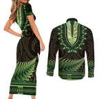 Lime Green African Dashiki With Aotearoa Maori Couples Matching Short Sleeve Bodycon Dress and Long Sleeve Button Shirt Paua Shell Mix Silver Fern