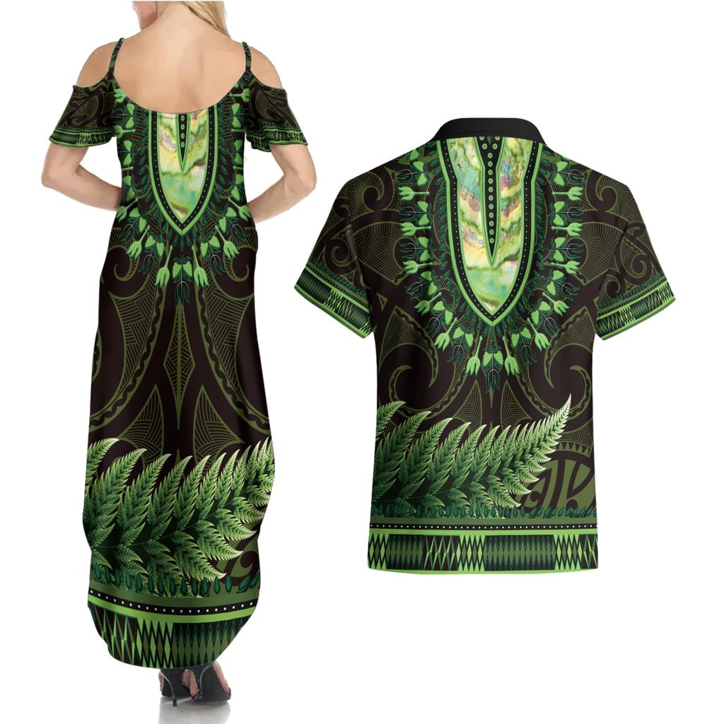 Lime Green African Dashiki With Aotearoa Maori Couples Matching Summer Maxi Dress and Hawaiian Shirt Paua Shell Mix Silver Fern