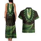 Lime Green African Dashiki With Aotearoa Maori Couples Matching Tank Maxi Dress and Hawaiian Shirt Paua Shell Mix Silver Fern