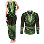 Lime Green African Dashiki With Aotearoa Maori Couples Matching Tank Maxi Dress and Long Sleeve Button Shirt Paua Shell Mix Silver Fern