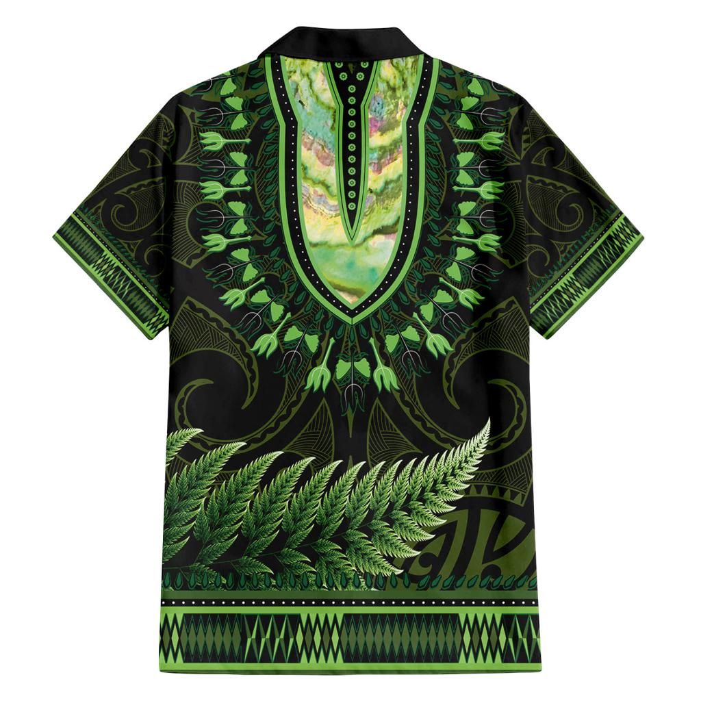 Lime Green African Dashiki With Aotearoa Maori Family Matching Off Shoulder Short Dress and Hawaiian Shirt Paua Shell Mix Silver Fern
