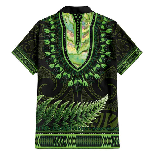 Lime Green African Dashiki With Aotearoa Maori Family Matching Off Shoulder Short Dress and Hawaiian Shirt Paua Shell Mix Silver Fern