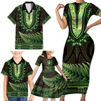 Lime Green African Dashiki With Aotearoa Maori Family Matching Short Sleeve Bodycon Dress and Hawaiian Shirt Paua Shell Mix Silver Fern