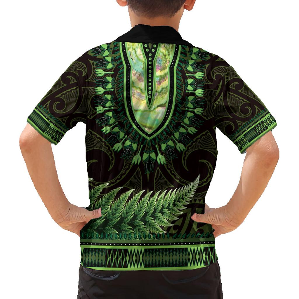 Lime Green African Dashiki With Aotearoa Maori Family Matching Summer Maxi Dress and Hawaiian Shirt Paua Shell Mix Silver Fern