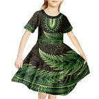 Lime Green African Dashiki With Aotearoa Maori Kid Short Sleeve Dress Paua Shell Mix Silver Fern
