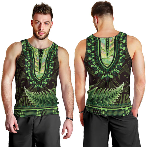 Lime Green African Dashiki With Aotearoa Maori Men Tank Top Paua Shell Mix Silver Fern