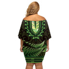 Lime Green African Dashiki With Aotearoa Maori Off Shoulder Short Dress Paua Shell Mix Silver Fern
