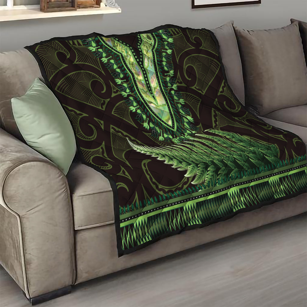 Lime Green African Dashiki With Aotearoa Maori Quilt Paua Shell Mix Silver Fern