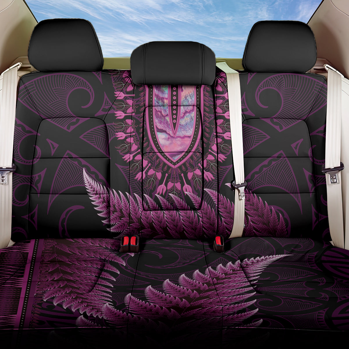 Pink African Dashiki With Aotearoa Maori Back Car Seat Cover Paua Shell Mix Silver Fern