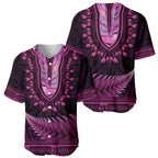 Pink African Dashiki With Aotearoa Maori Baseball Jersey Paua Shell Mix Silver Fern