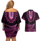 Pink African Dashiki With Aotearoa Maori Couples Matching Off Shoulder Short Dress and Hawaiian Shirt Paua Shell Mix Silver Fern