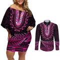 Pink African Dashiki With Aotearoa Maori Couples Matching Off Shoulder Short Dress and Long Sleeve Button Shirt Paua Shell Mix Silver Fern