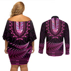 Pink African Dashiki With Aotearoa Maori Couples Matching Off Shoulder Short Dress and Long Sleeve Button Shirt Paua Shell Mix Silver Fern