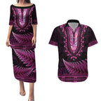 Pink African Dashiki With Aotearoa Maori Couples Matching Puletasi and Hawaiian Shirt Paua Shell Mix Silver Fern