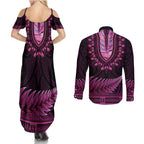 Pink African Dashiki With Aotearoa Maori Couples Matching Summer Maxi Dress and Long Sleeve Button Shirt Paua Shell Mix Silver Fern