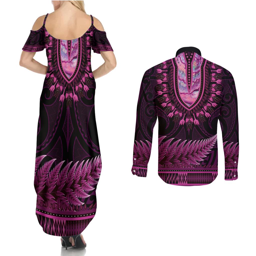 Pink African Dashiki With Aotearoa Maori Couples Matching Summer Maxi Dress and Long Sleeve Button Shirt Paua Shell Mix Silver Fern