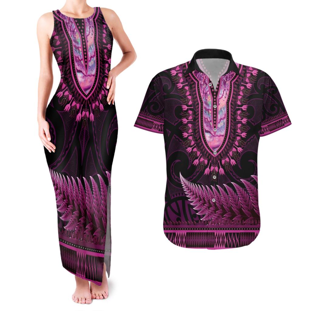 Pink African Dashiki With Aotearoa Maori Couples Matching Tank Maxi Dress and Hawaiian Shirt Paua Shell Mix Silver Fern