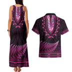 Pink African Dashiki With Aotearoa Maori Couples Matching Tank Maxi Dress and Hawaiian Shirt Paua Shell Mix Silver Fern