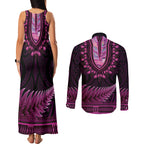 Pink African Dashiki With Aotearoa Maori Couples Matching Tank Maxi Dress and Long Sleeve Button Shirt Paua Shell Mix Silver Fern