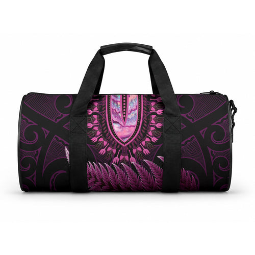 Pink African Dashiki With Aotearoa Maori Duffle Bag Paua Shell Mix Silver Fern