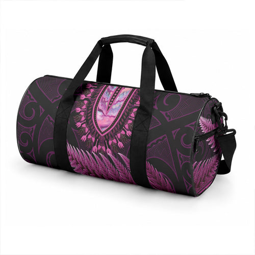 Pink African Dashiki With Aotearoa Maori Duffle Bag Paua Shell Mix Silver Fern