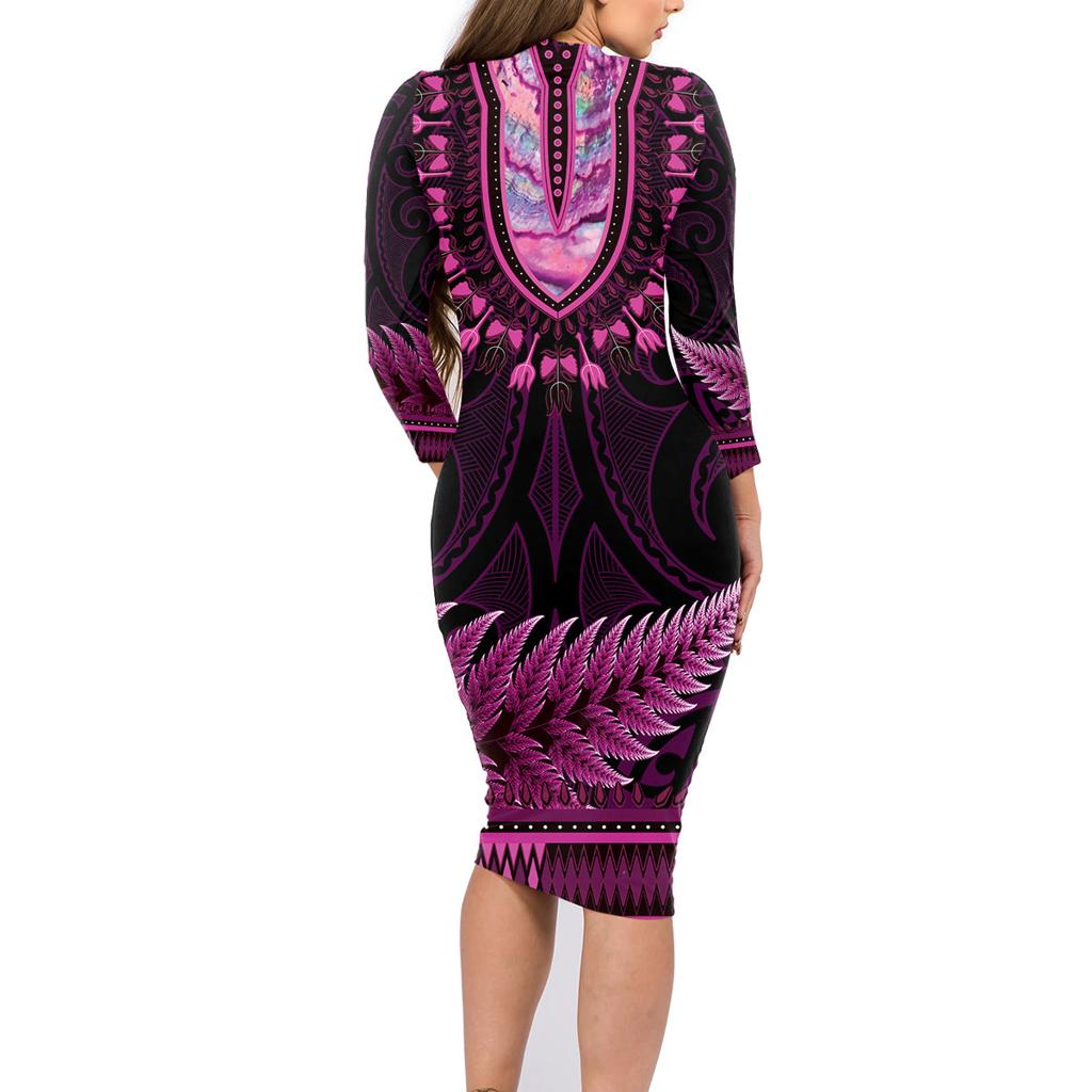 Pink African Dashiki With Aotearoa Maori Family Matching Long Sleeve Bodycon Dress and Hawaiian Shirt Paua Shell Mix Silver Fern