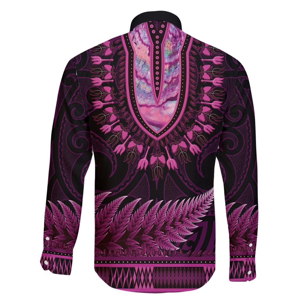 Pink African Dashiki With Aotearoa Maori Family Matching Off The Shoulder Long Sleeve Dress and Hawaiian Shirt Paua Shell Mix Silver Fern