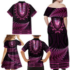 Pink African Dashiki With Aotearoa Maori Family Matching Off Shoulder Maxi Dress and Hawaiian Shirt Paua Shell Mix Silver Fern