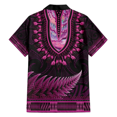 Pink African Dashiki With Aotearoa Maori Family Matching Off Shoulder Short Dress and Hawaiian Shirt Paua Shell Mix Silver Fern