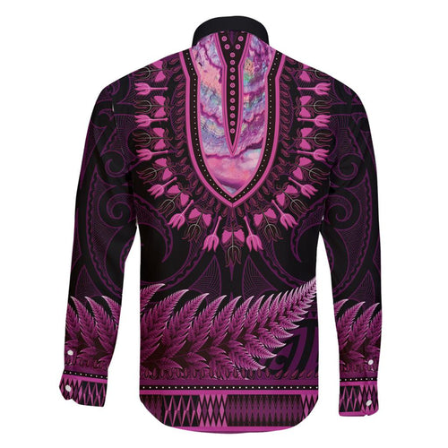 Pink African Dashiki With Aotearoa Maori Family Matching Off Shoulder Short Dress and Hawaiian Shirt Paua Shell Mix Silver Fern