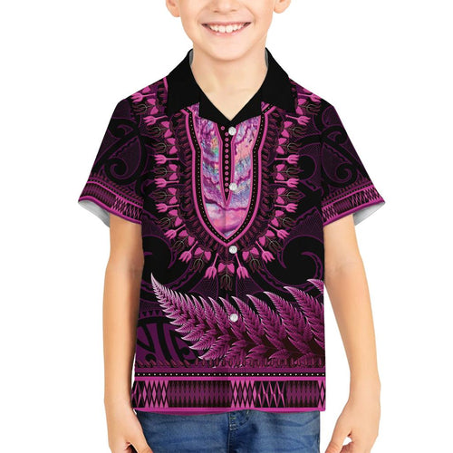 Pink African Dashiki With Aotearoa Maori Family Matching Off Shoulder Short Dress and Hawaiian Shirt Paua Shell Mix Silver Fern