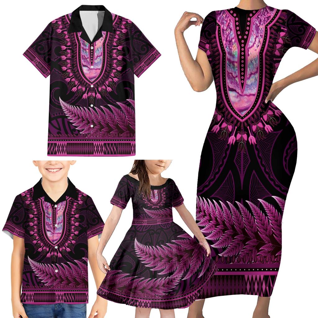 Pink African Dashiki With Aotearoa Maori Family Matching Short Sleeve Bodycon Dress and Hawaiian Shirt Paua Shell Mix Silver Fern