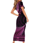 Pink African Dashiki With Aotearoa Maori Family Matching Short Sleeve Bodycon Dress and Hawaiian Shirt Paua Shell Mix Silver Fern